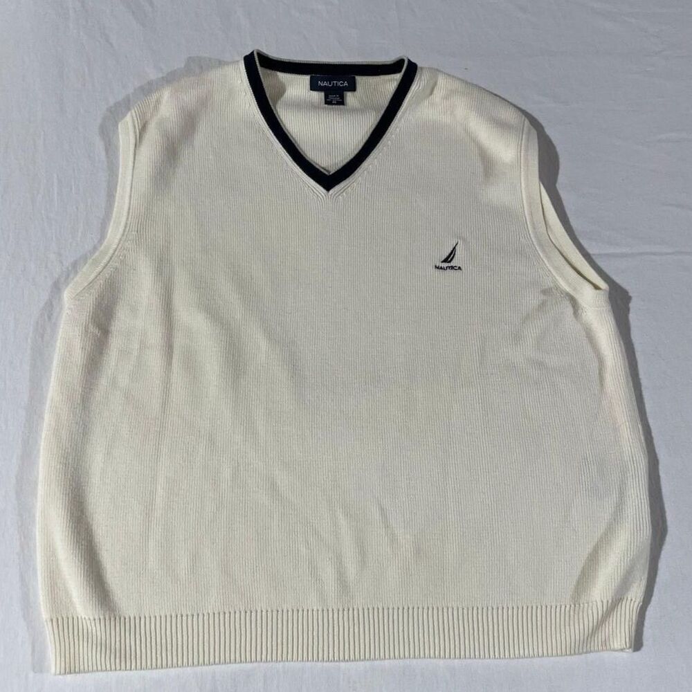 Nautica Cream Cotton Sweater Vest M Navy Trim V Neck Preppy Golf Layering